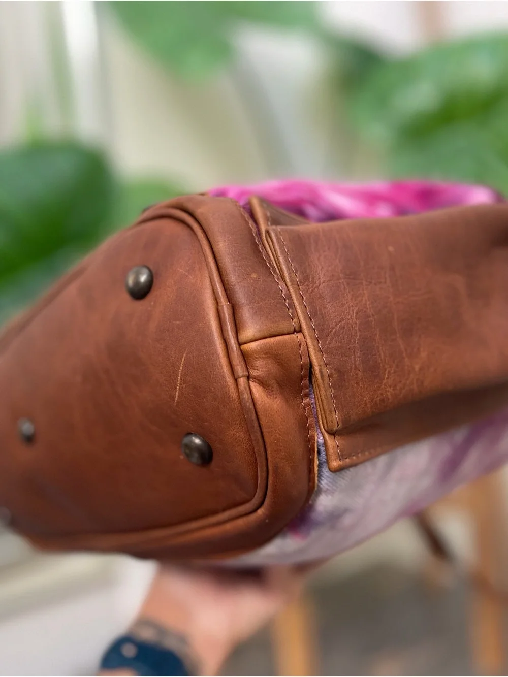 Nena & Co. Pink and Purple Tie-Dye Canvas Tote with Brown Leather Trim